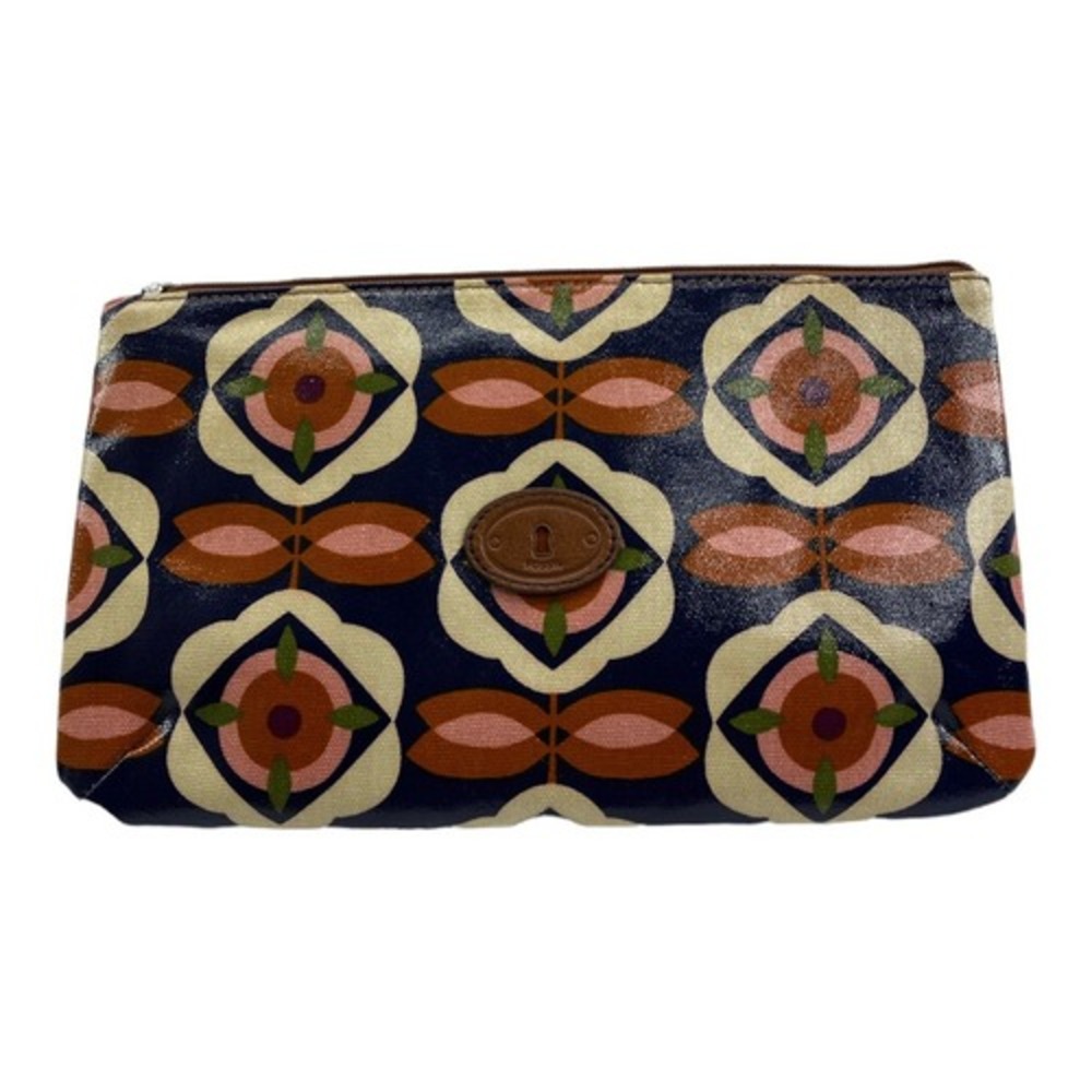 Fossil‎ Key Per Floral Print Cosmetic Bag Pouch Navy Yellow Brown Pink